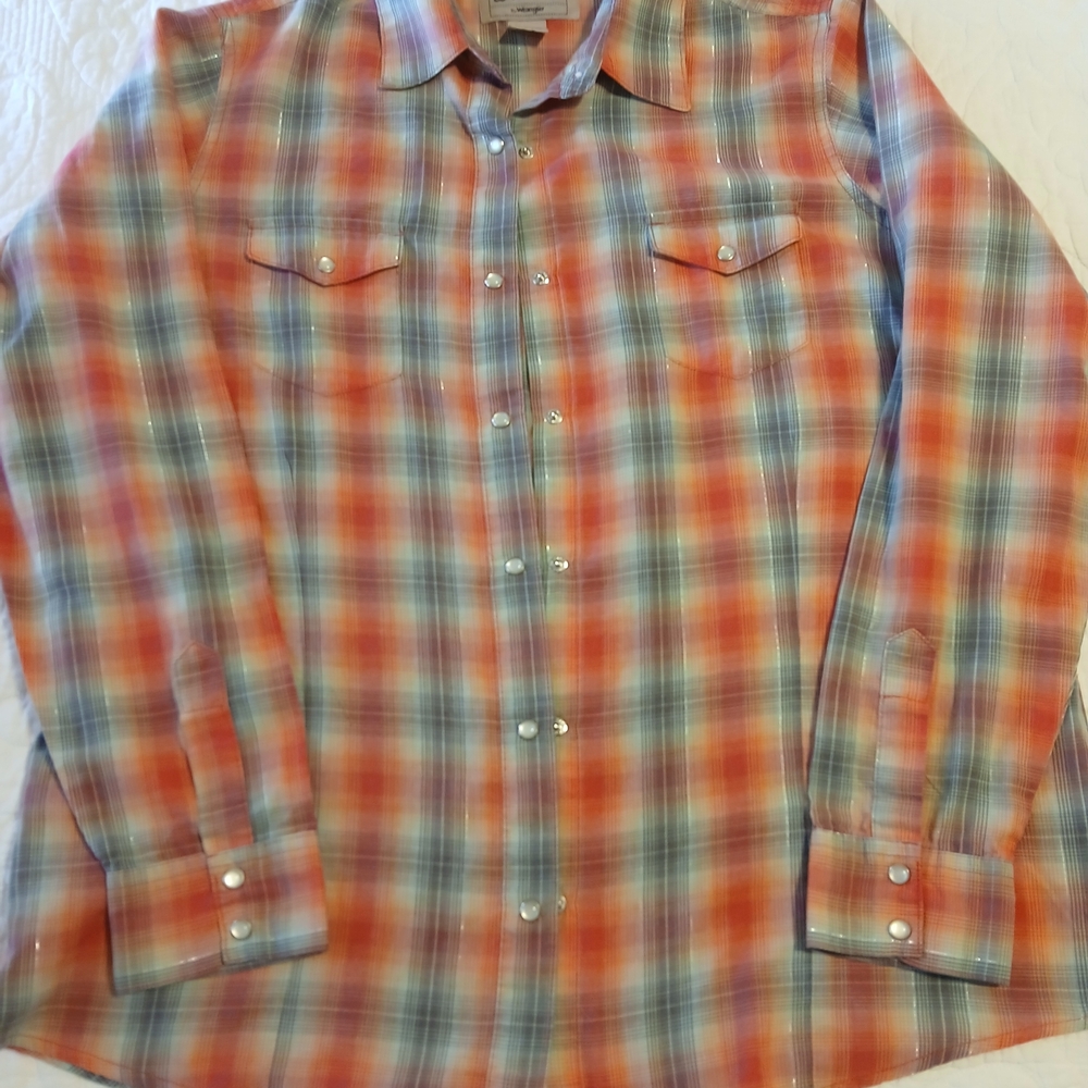 Wrangler Women's Coral and Gray  Plaid Button Down Shirt With Metallic Accent